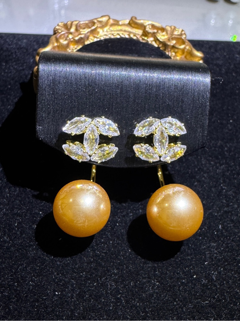 2way Gold Pearl Drop Earrings with Crystal Leaf Accents